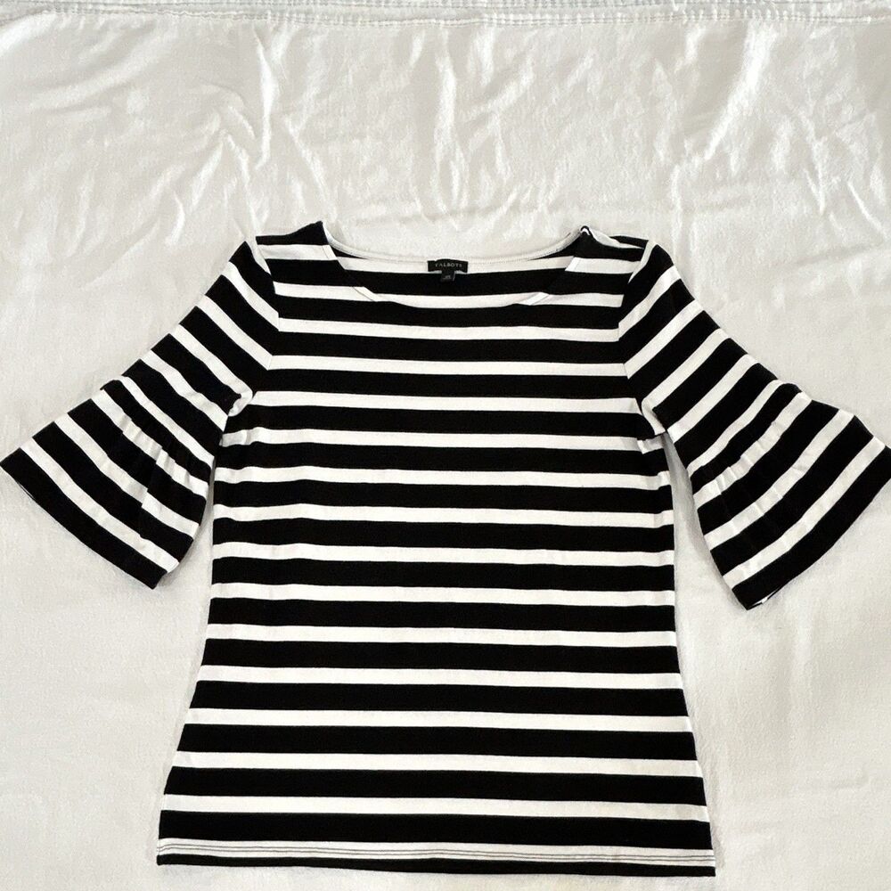 Talbots Women’s Black/White Striped Boat Neck Bell Sleeve Knit Top XS 0087